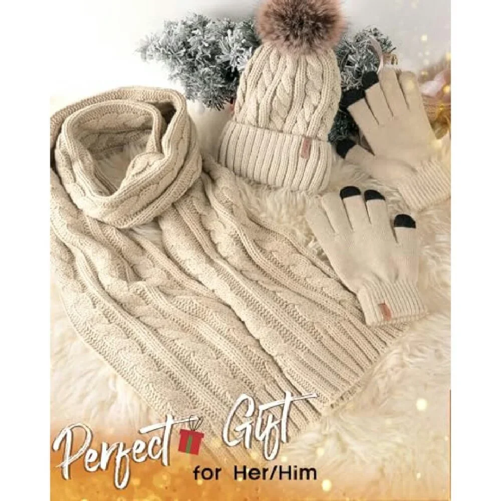 Warm Fleece Knit Pom Beanie Scarf Gloves Set Touchscreen Winter Accessories